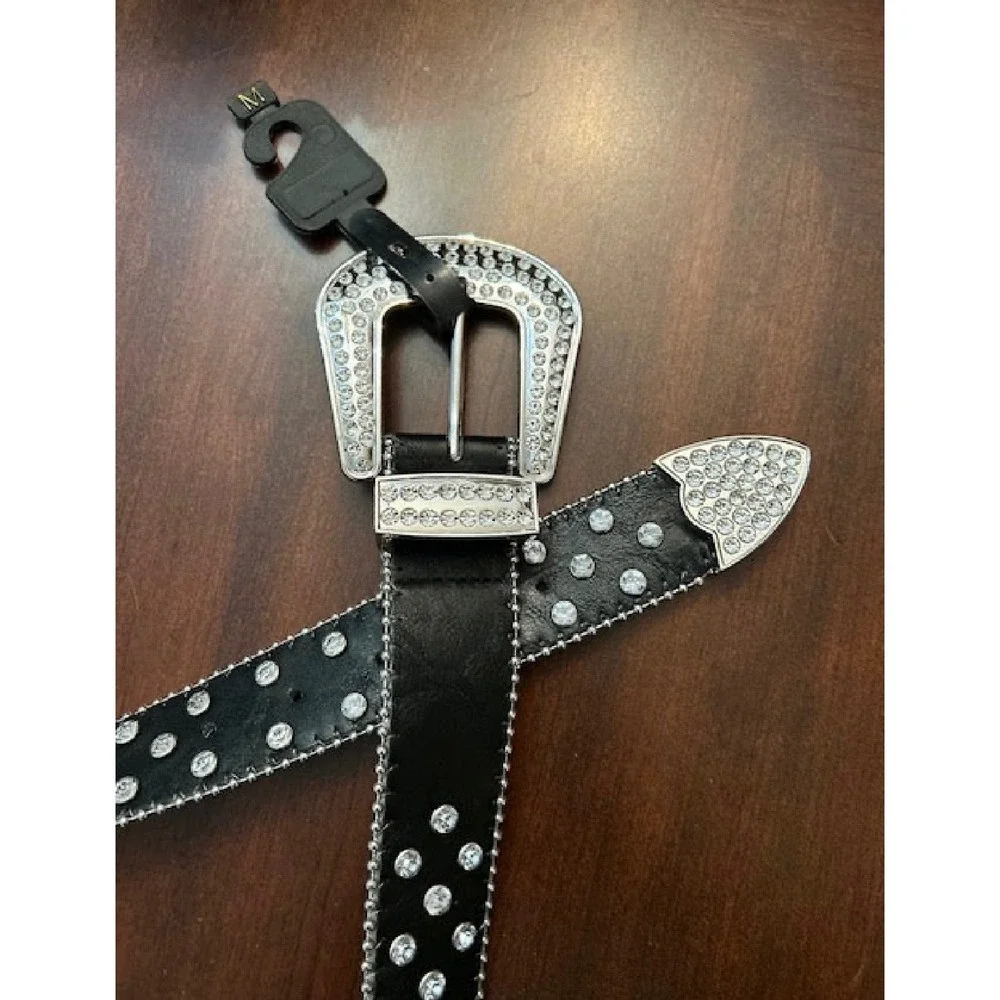Womens Western Rhinestone Belt Black Silver Studded Bling Cowgirl  Medium‎ New